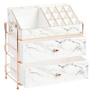 lot 11217 image: Light Luxury Storage Marble Pattern Drawer Storage Box Organizer (Rose Gold Accents A Little Worn Down)