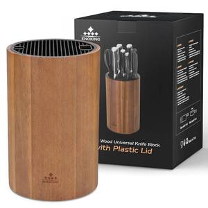 lot 3292 image: Enoking Universal Knife Block Holder with Plastic Lid, Acacia Wood Knife Block without Knives for Scissors, Sharpening Rod and Knives, Round Knife Storage Organizer Display
