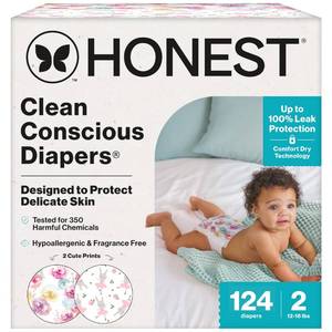 lot 3301 image: The Honest Company Comfort Dry Disposable Diapers for Sensitive Skin, Hypoallergenic, Fragrance-Free, Rose Blossom  Tutu Cute, Super Club Box, Size 2 (12-18 lbs), 124 Count