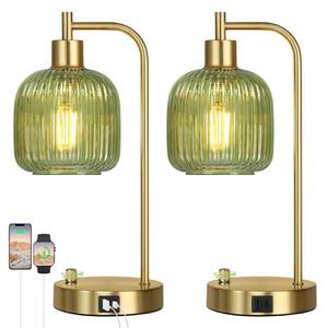 lot 3309 image: QiMH Industrial Table Lamp for Bedroom Set of 2, Green Glass Beside Lamp with USB A&C Ports, Stepless Dimmable Gold Lamps, Nightstand Lamps for Living Room, Office, Home Decor(Bulb Included)