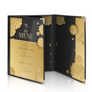 lot 4012 image: Flexzion Trifold Menu Covers 8.5 x 11 Inch (1 Pack) - Triple Stitched Menu Holder with 3 Pages 6 Views - Transparent Clear Menu Book Covers with Gold Metal Corner for Restaurant, Hotel, Cafe