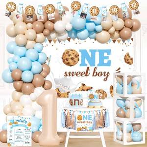 lot 4030 image: Party Inspo Milk and Cookies 1st Birthday Party Decorations, 1st Birthday Decorations Boy, One Sweet First Party Supplies Backdrop Balloon Banner Cake Topper Crown Boxes Poster for One Year Old Boy
