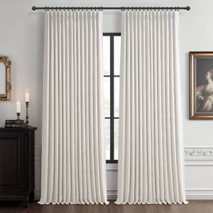 lot 4032 image: Beige White Blackout Floor to Ceiling Curtains 100 Inch Long for Sliding Door, Memory Trained Pinch Pleated Custom Double Layer Thick Linen Curtain Noise Reducing Light Blocking Bedroom Window Drapes