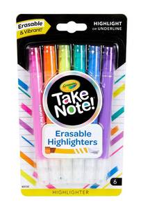 lot 4041 image: Crayola Take Note Erasable Highlighters (6ct), Assorted No Bleed Highlighters, Chisel Tip Marker Set, For Organizing & Coloring, Gifts