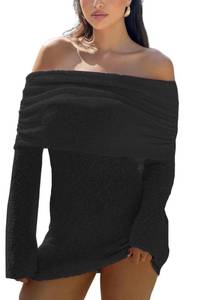 lot 4045 image: Unybwonn Sexy Off The Shoulder Crochet Mini Dress for Women Long Sleeve Party Wrap Dresses Bodycon Stretchy Mesh Knit Dress Black