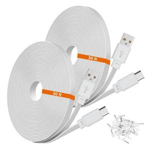 lot 4056 image: 2-Pack 30ft USB C Power Extension Cable Compatible with Ring Pan-Tilt Indoor Cam 2024 Release & WYZE Duo Cam Pan, Pan V4 2025 Security Camera - 9m Type-C Long Flat Charging Cord for CCTV Cam, White