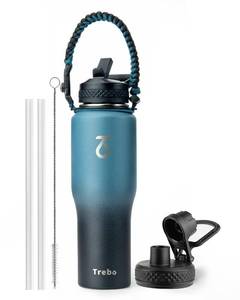 lot 4058 image: Trebo 32oz Insulated Water Bottle that Fits in Cup Holder, Stainless Steel Double Wall Tumbler Flask Bottles with Paracord Handle, with Straw Spout Lids, Keep Cold for 48 HrsHot 24 Hrs,IndigoBlack