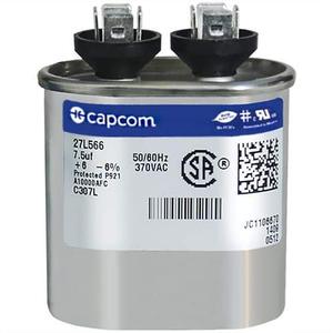 lot 4084 image: Genteq GENTEQ - C307L  27L566 GE Capacitor Oval 7.5 uf MFD 370 Volt 27L566, 27L566S(Replaces Old GE# 97F9001, Z97F9001, 97F9001BX & 27L566BZ3), 7.5 MFD at 370 Volts