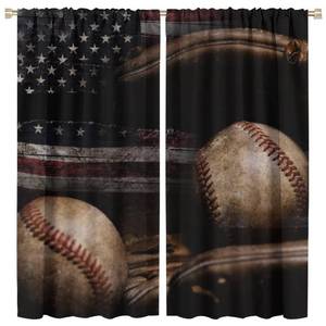 lot 4098 image: Cool Sports Blackout Curtains - Shabby Baseball on Vintage Wooden Boards American Flag Rod Pocket Window Drapes Set Energy Saving Thermal Insulated Drapes for Living Room Nursery,2 Panels 45L x 21W