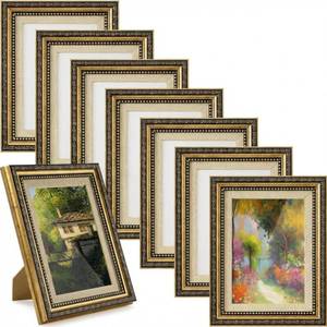 lot 4430 image: Bucherry 5 x 7 Vintage Gold Picture Frame Bulk Set of 8, Tabletop Display Plastic Ornate Antique Photo Frames, Vintage Gold Decor for Photos Pictures Poster Table Desk Display