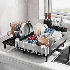 lot 5211 image: SUNLY Large Dish Drying Rack, Expandable Dish Racks for Kitchen Counter, Space Saving 304 Stainless Steel Drying Rack Kitchen, Extra Large Drainer with Multifunctional Flip Up Pegs, Black