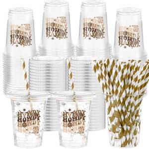 lot 5214 image: Yungyan 50 Sets Western Cowboy Plastic Cups with Lids and Straws 16 oz Howdy Brown Cowboy Cowgirl Coffee Juice Drinking Cups for Western Party Decoration Wedding Birthday Bachelorette Party Supplies