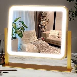 lot 5215 image: ROLOVE Gold Lighted Makeup Mirror, 14x12 Vanity Mirror with Smart Touch Control, 3-Color Dimmable Lighting, 360° Rotation for Desk or Bedroom