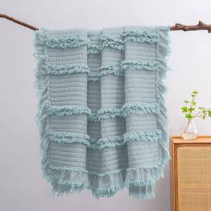 lot 5222 image: Ultra Soft Pre-Washed Warm Quilted Throw Blanket, Ruffle Fringed Blue Green Boho Decorative Throw, Stone Washed Chic Rustic Blanket for Sofa Couch Bed Chair, 50x 60