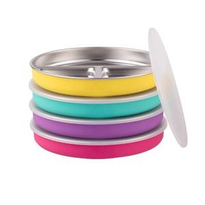 lot 5229 image: Stainless Steel Divided Plates  Silicone Sleeve and Storage Lid  Baby, Toddler, Kids  Dinner & Snack Plates  4 Pack