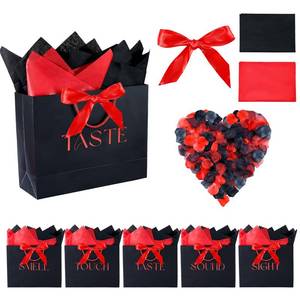 lot 5237 image: BHHQHH 5 Senses Gift Bags for Him Her Five Senses Gift Bags Sight Smell Touch Taste Sound Bags with Ribbon Handles Tissue Paper Petals for Party Birthday,Wedding,Valentines Day(Red,Black)