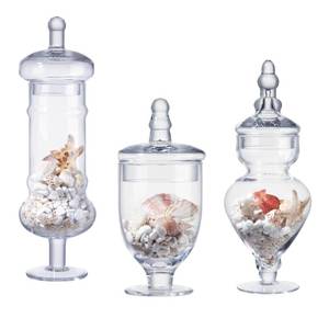 lot 5273 image: Set of 3 Apothecary Jar Glass Decorative Candy Jars Elegant Storage Candy Buffet Display, Wedding Candy Organizer Canisters (H 9, 12.5, 14 20 FL.OZ, 23 FL.OZ and 28 FL.OZ)