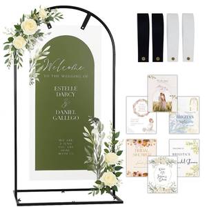 lot 5278 image: Merrifete Welcome Sign Stand, Adjustable Sign Holder Stand w Poster Design Templates & Leather Straps, Heavy Duty Metal Easel for Wedding, Bridal Shower, Birthday Party, Baby Shower, 68 x 30 x 20