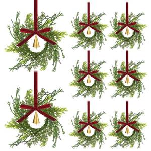 lot 6125 image: Knitgrip 12 Sets Mini Christmas Wreath for Cabinets 7.87 Inch Artificial Cypress Cedar Wreath with Vintage Cow Bells Ribbon for Xmas DIY Craft Kitchen Chair Window Fireplace Wall Decor(Red)