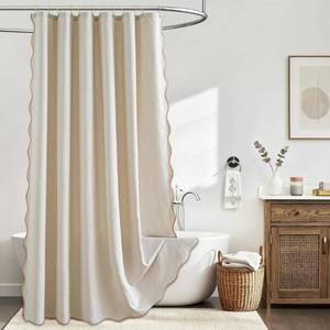 lot 6165 image: Aesthaboho Beige Scalloped Extra Long Shower Curtain Linen Textured with 12 Metal Hooks Cute Heavy Duty Washable Waterproof Neutral Thick Cloth Shower Curtains for Bathroom Hotel Bathtub, W72xL84