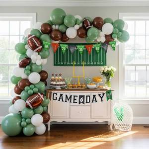 lot 6210 image: Football Balloon Garland Arch Kit Sage Green and Brown Balloons with Football Foil Balloon Game Day banner for Touch Down Rugby Super Bowl Sport Theme Party Decorations