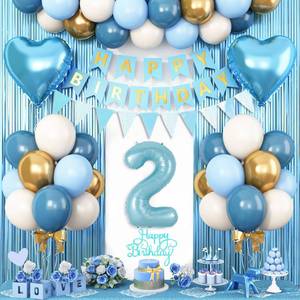 lot 6211 image: Adorely 2nd Birthday Decorations Blue White Gold, 25pcs Balloons, Banner, Fringe Curtain, Heart Foil Balloons, Cake Topper, Boys Girls 2 Year Old Birthday Decor