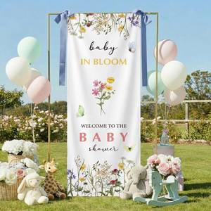 lot 6236 image: HunnmingRe Baby in Bloom with Bow Decoration Wildflowers Florals Baby Shower Welcome to Sign Boho Linen Texture Backdrop Decoration for Spring Flowers Theme Birthday Party Photography Decor