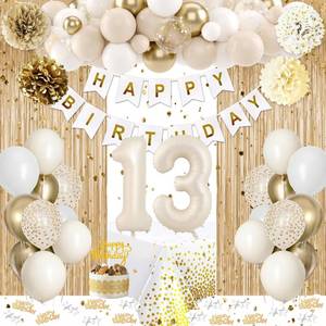 lot 6241 image: 13th Birthday Decorations for Girls, Gold Official Teenager Decorations White and Gold Balloons Happy Birthday Banner Tablecloth Fringe Curtain Cake Topper Paper Pom Poms Boys Girls 13 Year Old Bday