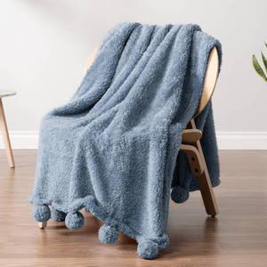 lot 6248 image: PAVILIA Blue Sherpa Throw Blanket for Couch, Warm Plush Pom Pom Blanket Throw, Dusty Blue Fuzzy Sofa Throw, Lightweight Soft Cozy Fluffy Blanket with Pom Poms, Light Blue, 50x60