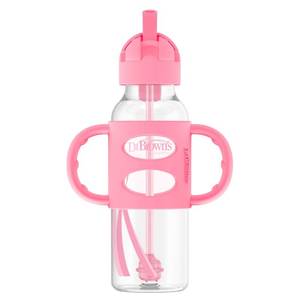 lot 6263 image: Dr. Browns Milestones Narrow Sippy Straw Bottle, Spill-Proof with 100% Silicone Handles and Weighted Straw, 8 oz250 mL, Pink, 6m