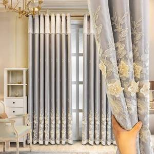 lot 6269 image: Amidoudou 1 Pair European 3D Flower Luxury Embroidered Curtains Double Layer Curtains with Valance for Living Room Bedroom (Grey,52x84 Inch)