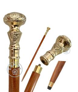 lot 6270 image: EXNOT Vintage Brass Handle Victorian Telescope Fold able Wooden Walking Stick Walking Cane Ideal Gift used