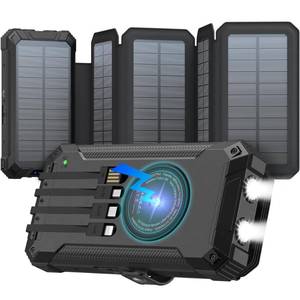 lot 6285 image: GOODaaa Solar Charger Power Bank, Portable Wireless Charger 36800mAh with Five Solar Panels Built-in Four Cable Five Outputs Outdoor Battery Pack for Cell Phone with Dual Flashlights, Carabiner
