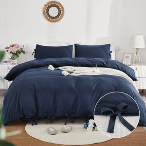 lot 6303 image: annadaif Grayish Navy Duvet Cover Queen Size, 3 Pieces Soft Washed Microfiber Duvet Cover Set, Comforter Cover with Bowknot Bow Tie (1 Duvet Cover 90x90 Inch, 2 Pillowcases) Easy Care Bedding Set
