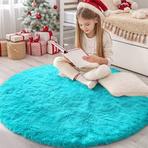 lot 6357 image: OLANLY Teal Blue Round Rugs for Bedroom - Machine Washable, 4 ft Circle Area Rugs for Living Room, Soft and Fluffy Shaggy Carpet for Teen Girls and Boys, Nursery Rooms, Dorms, Home Decor Aesthetic