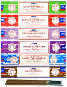 lot 6370 image: Satya Organic Incense Sticks- Gift Set of 6 Packs - Nag Champa, Spicy Patchouli, French Lavender, Violet Rosemary, Dragon Blood, Soul Searcher,15 Grams x 6 Pack