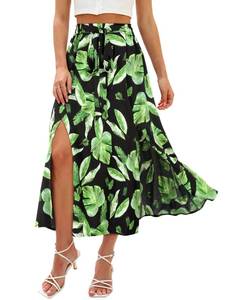 lot 6394 image: Ezcosplay Women Maxi Hawaiian Floral Slit Skirt High Elastic Waisted Split Thigh Long Skirts with Pockets Black