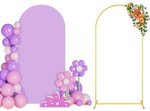 lot 11456 image: PATYDEST 7.2 FT Wedding Arch Backdrop Stand and Arch Cover Gold Metal Arched Backdrop Frame Stand with Lilac Spandex Arches Covers Stretchy Backdrops for Birthday Baby Shower Party Ceremony Decor