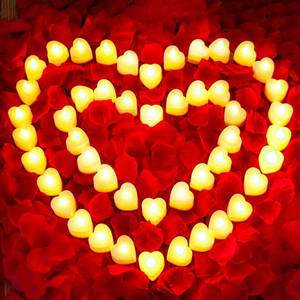 lot 11458 image: JMUQ 4000 Pieces Artificial Rose Petals with 48 Pieces Romantic Heart Led Tealight Candles, Rose Petals and Candles Set for Weddings Anniversaries Proposals Decor(Warm White Light)