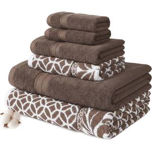 lot 11461 image: Modern Threads Trefoil Filigree 6-Piece 100% Cotton Towel Set �� Reversible Yarn Dyed Jacquard �� Includes 2 Bath Towels, 2 Hand Towels, 2 Washcloths �� Absorbent, Quick Dry, Soft & Durable �� Mocha Brown