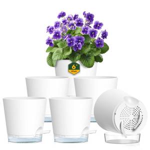 lot 11573 image: Meowell 6 inch Self Watering Pots for Indoor Outdoor Plants, 6 Pack Flower Plant Pots with Drainage Holes and Clear Reservoirs, Visible Water Level, Plastic Planters with Wicking Rope, White