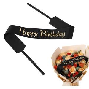 lot 12116 image: Set of 12 Bouquet Banner Grosgrain Ribbon Tie Wrap Printed Sash Florist Bulk Supply for Floral Arrangements (Black - Happy Birthday)
