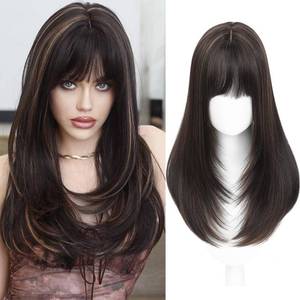 lot 12117 image: ELEVAVE Hair Toppers for Women with Thinning Hair, 20 Inch Toppers Hairpieces for Women Clip in Bangs 360° 3D Realistic Scalp (Dark Brown with Highlights, Wispy Bangs)