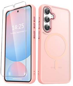 lot 12132 image: YENAPOON for Samsung Galaxy S25 Case, Matte Magnetic Phone Case with 1 Screen Protector, Support for Magsafe, Translucent Frosted Shockproof Protective Cover for Samsung Galaxy S25, Pink