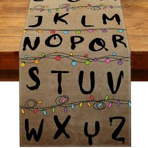 lot 12145 image: Heyfary Stranger Alphabet Table Runner Rustic Halloween Spooky Birthday Party Decorations Horror Home Kitchen Dining Room Island Decor (13 x 72)