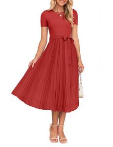 lot 12220 image: ZESICA Womens 2026 Summer Short Sleeve Midi Dresses Crewneck Knit Belted Pleated Business Work Cocktail A Line Flowy Dress Cherry X-Large