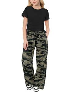 lot 12222 image: Arshiner Girls Pant Sets Summer 2 Piece Outfits Black Short Sleeve Ruched Drawstring Tops and Camouflage Wide Leg Pants