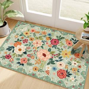 lot 12223 image: DUKINO 2x3 Rugs for Entryway, Floral Indoor Washable Front Door Mat, Non Slip Boho Small Carpet, Soft Low Pile Throw Rug for Entrance, Bedroom, Kitchen, Laundry, Bathroom, Green