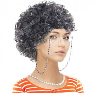 lot 12237 image: Feacole Old Lady Costume Set-Grandmother Wig,Wig Caps, Madea Granny Glasses, Eyeglass Retainer Chain,Pearl Necklace(5 Pieces)