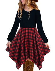 lot 12274 image: KYMIDY Girls Buffalo Check Plaid Dress Long Sleeve High Low Christmas Dresses with Pockets for Kids 14 Years, Red1
